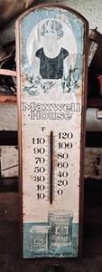 lot 7 image: Vintage Maxwell House Coffee Wooden Thermometer Wall Sign 18 x 5