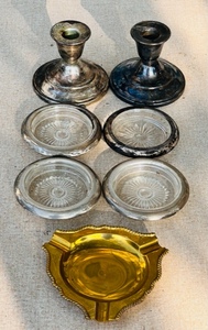 lot 141 image: Vintage Silver &amp Gold Plated Ashtrays and Candlestick Holders