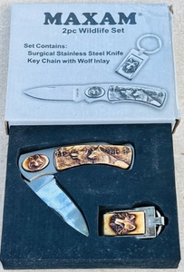lot 217 image: Vintage Maxam 2pc Wildlife Set Surgical Stainless Steel Knife &amp Keychain W Wolf Inlay