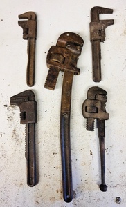 lot 232 image: Five Vintage Pipe Wrenches - Including F. T. F. Cleve.&nbsp