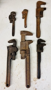 lot 233 image: Six Vintage Pipe Wrenches - Including Trimo, Craftsman, Stillson, &amp Ridge Tool Co.&nbsp