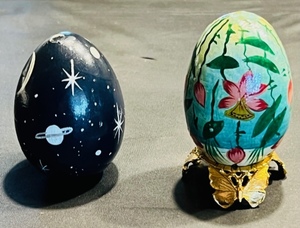 lot 33 image: Two Vintage Hand-Painted Wooden Eggs - Stand Not Included