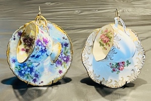 lot 38 image: Vintage ROYAL SEALY CHINA Footed Cup and Saucer Gold Trim &amp Royal Taunton Bone China Rose With Gold Gilt Hexagon Shaped Cup &amp Saucer England