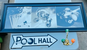 lot 27 image: Pool Hall Decorations - Picture, Metal Sign, &amp CoatHat HookRack