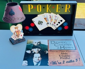 lot 45 image: Poker Tray, Candle Lit Lamp, &amp Metal Three Stooges Dewey, Cheatem, &amp Howe Sign