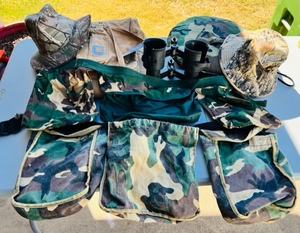 lot 72 image: Camo Lot - Two Dove Hunting Field Belts Two Camo Hunting Hats Cushioned Seat Pad W Pocket - Plus Carhardt 4230 Coveralls &amp Clip On Drink Holder