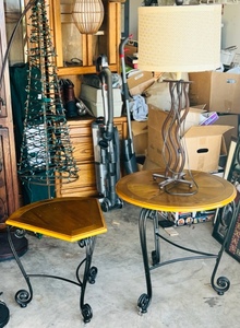 lot 114 image: Wood &amp Metal Multi-Purpose Tables W Unique Lamp