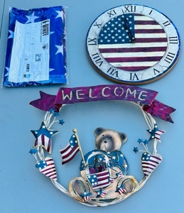lot 120 image: Metal Patriotic Teddy Bear Welcome Sign, Wall Clock, &amp American Flag&nbsp