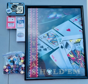 lot 143 image: Framed Texas Hold  Em Picture, Three Decks of Cards, Craps Set, and Huge Bag of Multi-Colored Dice