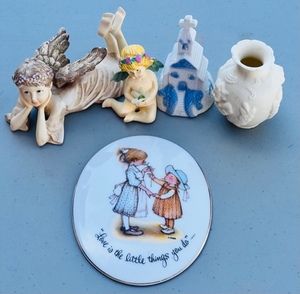 lot 145 image: Vintage Holly Hobby Genuine Porcelain Wall Hanging Plus Angel Figurines, Church Bell, and Small Vase