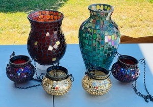 lot 170 image: Six Glass Mosaic Style Hanging Planters and Vases