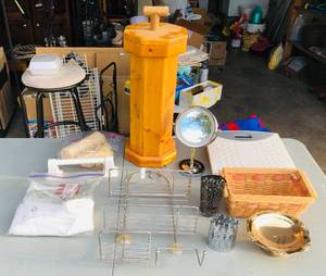 lot 213 image: Nice BathroomVanity Lot - Includes Wooden Toilet Paper Dispenser, Conair Makeup Mirror, &amp Zenith Scale