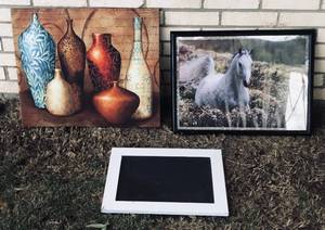 lot 214 image: Two Decorative Wall Hanging Pictures &amp a White Framed Chalk Board