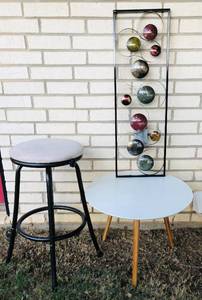 lot 219 image: Barstool, Small White Table, &amp Hanging Metal Wall Art