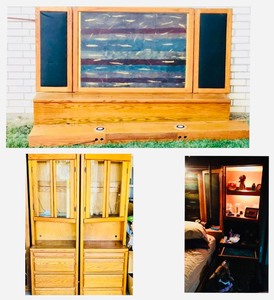 lot 239 image: Beautiful Solid Oak King-Sized 5 Piece Headboard W Two Bedside Tables and Lighted Cabinets, Ornate Back Board, LED Lights Across the Top With Hidden Compartments, & Back Board Stand