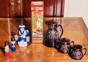 lot 246 image: Oriental Lot of Figurines, Incense, & Tea Server W Creamer & Sugar Bowl
