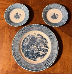 lot 252 image: Currier & Ives Winter Homestead Plate and Two Riverboat Saucers