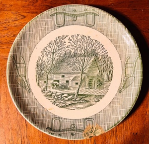 lot 253 image: Vintage 9 Currier & Ives Green Ox Bow & Plow With Grist Mill Plate