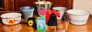 lot 254 image: Lot of Corrugated Metal Buckets, Metal Bowls, Cowbell, Decorative Sprinklering Water Can, & 1997 Whitmans Suprise Tin