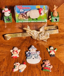 lot 258 image: Christmas Novelty Lot - The Grumpy Party Pooper, Wine Bottle Stoppers, Door Hanger Angel, & Magnets and Figurines