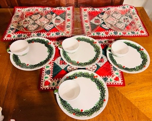lot 261 image: Four Vintage Lefton Christmas Holly Garland Snack Sets W Christmas Placemats, Two Cut Glass Serving Trays, & Snowman Serving Tray