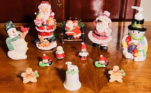 lot 264 image: Christmas Figurine Lot W Sox Candle Stick Holders, Bell, & Snowman Soap Dispenser