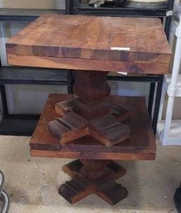 lot 35 image: (2) Vintage hand carved solid wood end tables