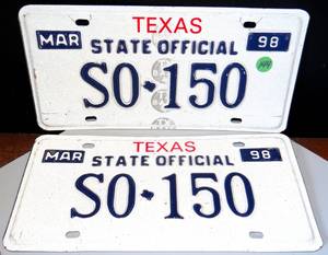 lot 144 image: RARE TEXAS STATE OFFICIAL LICENSE PLATE SET - S0-150 (LOT OF 2)