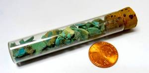 lot 36 image: NEW MEXICO MINED TURQUOISE - 15 grams TOTAL IN ORIGINAL CORKED STOPPED VIAL