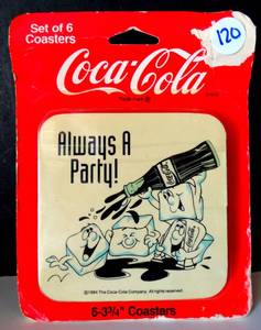 lot 120 image: RARE Set of 6 Vtg COCA-COLA Square Always A Party Reusable Coasters 3.75