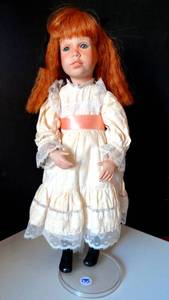lot 155 image: Vintage Pollys Tea Party Porcelain Doll Susan Krey First Issue 1990 Red Hair wStand