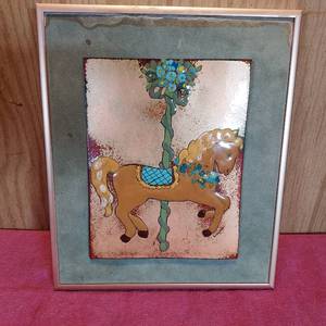 lot 70 image: framed carousel horse painting on tin