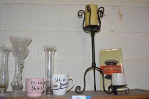lot 36 image: Narrow Flower Vases, Iron Candle Holders, and Candle Warmer Plus Coffee Mugs