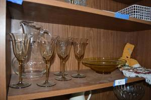 lot 37 image: Smoked Glass Goblet Set, Clear Glass Pitcher, Glass Bowl and Kitchen Hand Towel