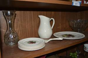 lot 38 image: Harker Pottery 22 Kt. Gold Trim Dessert Plate Set and Server Plus White Pitcher, Vase, and Clear Glass Serving Bowl