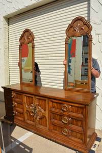 lot 52 image: Vintage Mid-Century Dresser with Dual Mirrors - Burlington House Furniture - 80W x 19D x 32 Dresser H  51 Mirror H