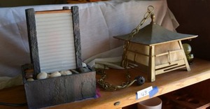 lot 43 image: Hanging Japanese Lantern Light with Paper Sides and Table Top Fountain Lantern Style, see pictures