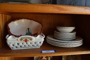 lot 44 image: White Dish Set, Ceramic Basket Dish and Handmade Pottery Bowl signed with artists mark