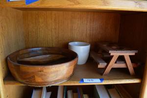 lot 45 image: Wooden Bowl, Wooden dish signed by artist, Picnic table condiments Holder and Stoneware Planter
