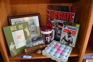 lot 48 image: Sports Lot Xbox Baseball Game, NC State Canvas, Texas A&M Insulated Mug, Golf Dcor, see pictures