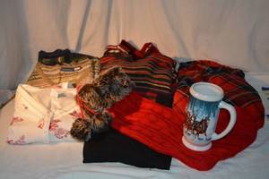 lot 75 image: Womens Sweaters and More Size S-L , Knit Christmas Stocking, Plush Blanket and Bud Mug