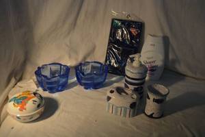 lot 94 image: Bathroom Lot Soap and Toothbrush Holder Set, Blue Glass Bowls, Mikasa Jungle Friends Lidded Dish, Blue Vinyl Shower Curtain