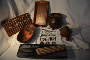 lot 101 image: Wooden Tray with Brass Inlays, Brown Jug, Vintage Abacas, Cribbage Board and More