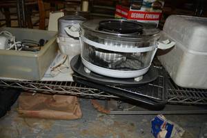 lot 103 image: Misc. Kitchen Lot George Foreman Grill, Hand Mixer, Styrofoam Cooler, Vintage Food Processor