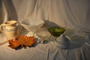 lot 109 image: Misc. Glass Bowls and Leaf Plate, Marshall Pottery Pitcher
