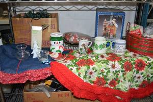 lot 111 image: Christmas Dcor Tree Skirt, Tablecloth, Candy Shop Ceramic and More