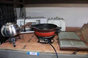 lot 135 image: Cooking Lot Toaster Oven, Toaster, Fondu Pots and Hot Plate