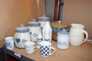 lot 49 image: Blue Heart Cannister Set and Dishes Plus Basket