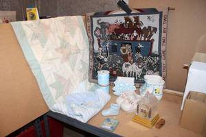 lot 52 image: Baby Nursery Lot Noahs Ark Tapestry, Pooh Blanket, Ribbons, Ceramic Baby Shoes Planters and Light up Church still in Box
