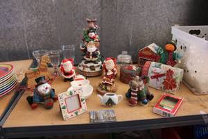 lot 55 image: Christmas Dcor and Ice Cream Sundae Dishes Figurines, Music Box Santa, Wooden Rocking Horse